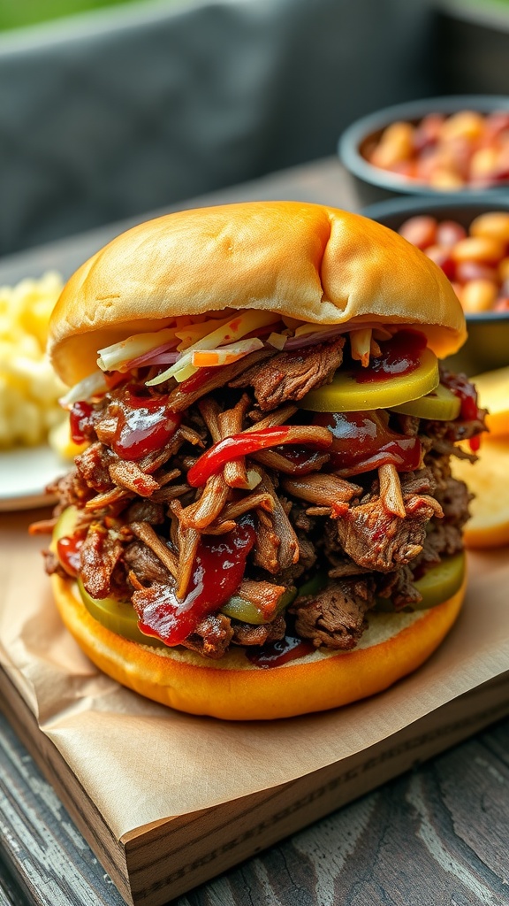 BBQ Chopped Beef Sandwich with shredded beef, coleslaw, and pickles on a bun, set on a rustic table with sides.